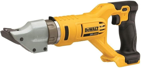 Side Aspect of Double Cut Shears. This is a side view of a yellow and black DeWalt 20V MAX 14-Gauge Swivel Head Shears. The cordless tool has a black handle and a gray swivel cutting head at the opposite end.