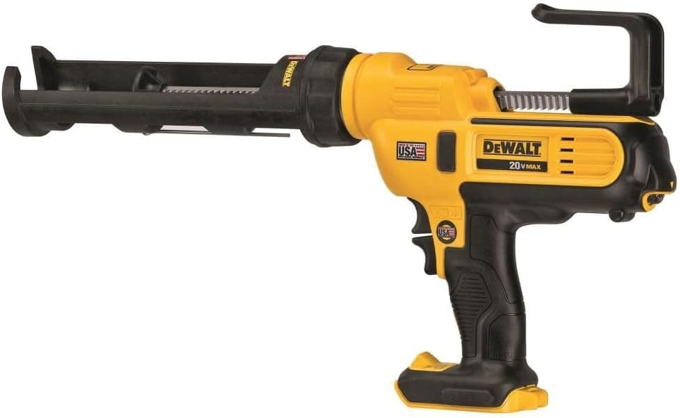 DeWalt 20V MAX cordless caulking gun with trigger, handle, and rod mechanism for dispensing sealants and adhesives from cartridges.