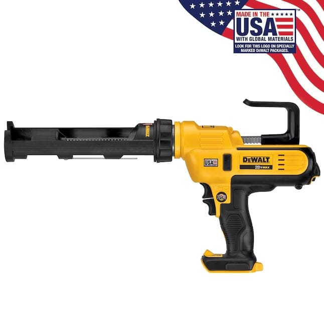 DeWalt 20V MAX cordless adhesive gun with branding and American flag graphic, labeled “Made in the USA with Global Materials.”