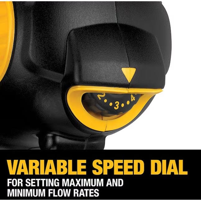 Close-up of DeWalt adhesive gun’s variable speed dial numbered 1 to 4, with label indicating control over maximum and minimum flow rates