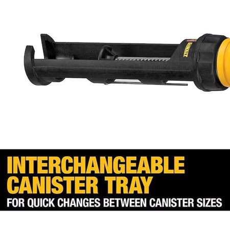 Interchangeable canister tray component of DeWalt adhesive gun, labeled for quick changes between canister sizes, with serrated edge and cylindrical holder.