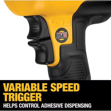 Close-up of DeWalt adhesive gun handle with “VARIABLE SPEED TRIGGER” label and sticker indicating made in the USA with global materials.