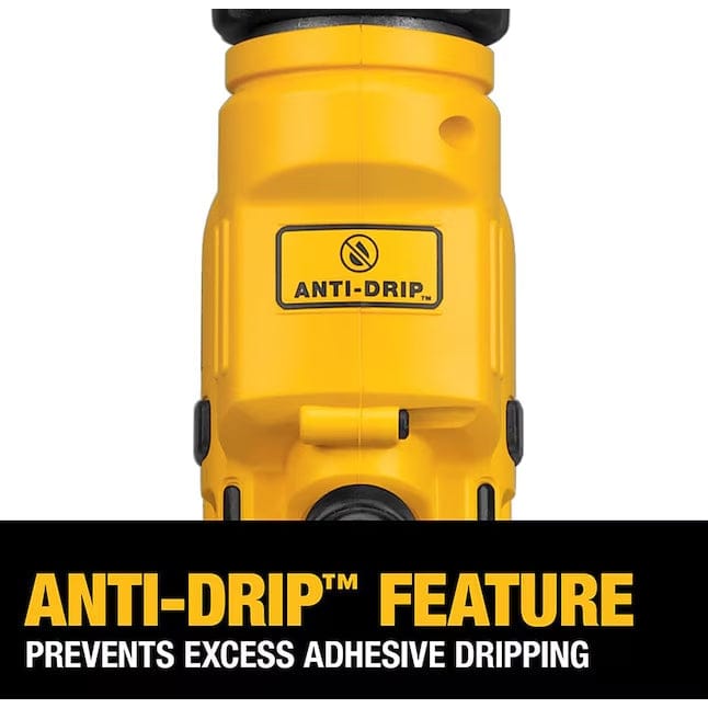 Close-up of DeWalt adhesive gun showing “ANTI-DRIP™” label and symbol, with banner text stating the feature prevents excess adhesive dripping.
