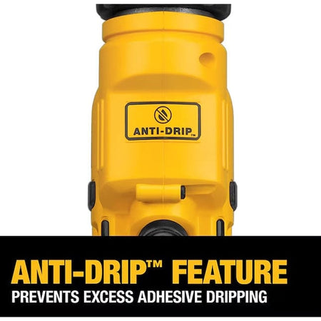 Close-up of DeWalt adhesive gun showing “ANTI-DRIP™” label and symbol, with banner text stating the feature prevents excess adhesive dripping.