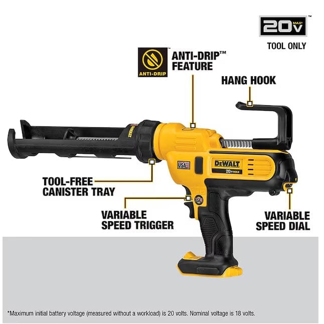 DeWalt 20V MAX cordless adhesive gun with labeled features including anti-drip, hang hook, tool-free canister tray, variable speed trigger, and speed dial.