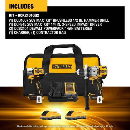 DeWalt 20V MAX XR Brushless Hammer Drill and Impact Driver Combo Kit with 2 Batteries Charger and Contractor Bag