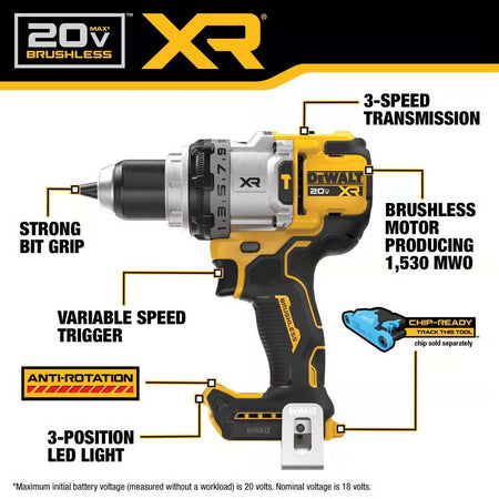 DeWalt 20V MAX XR Brushless Hammer Drill with strong bit grip, variable speed trigger, 3-speed transmission, and 3-position LED light