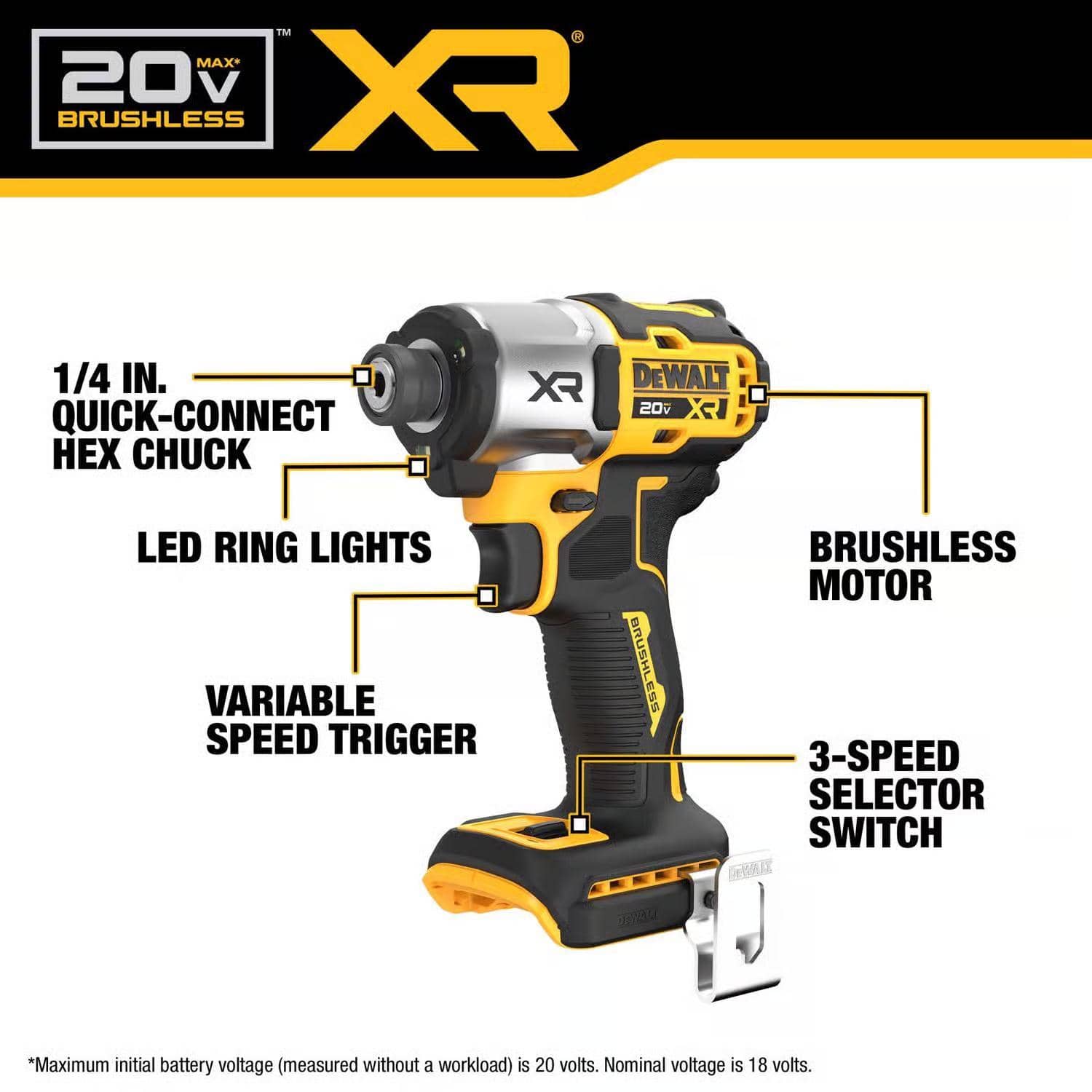 DeWalt 20V MAX XR Brushless Impact Driver with 1/4 in. Quick-Connect Hex Chuck and LED Ring Lights