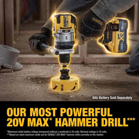 DeWalt 20V MAX XR Brushless Hammer Drill with 8Ah Battery drilling wood with dust and sparks flying