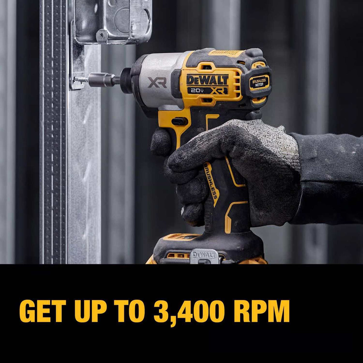 DeWalt 20V MAX XR Brushless Impact Driver in use with glove, delivering up to 3,400 RPM for heavy-duty fastening tasks