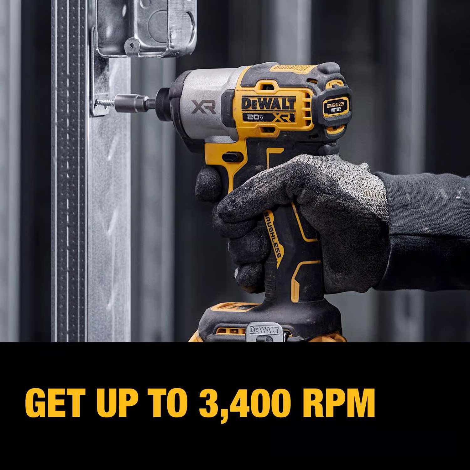 DeWalt 20V MAX XR Brushless Impact Driver in use with glove, delivering up to 3,400 RPM for heavy-duty fastening tasks