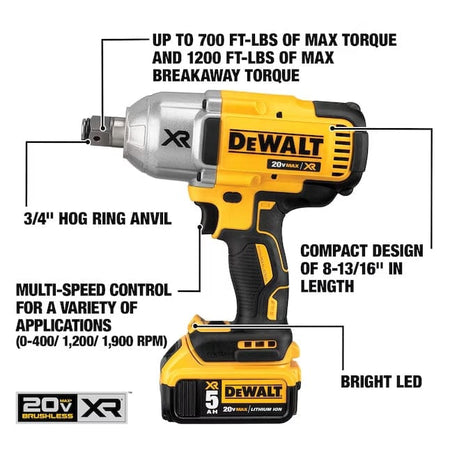 DeWalt 20V MAX XR impact wrench with labeled features including 1200 ft-lbs breakaway torque, hog ring anvil, multi-speed control, and LED light.