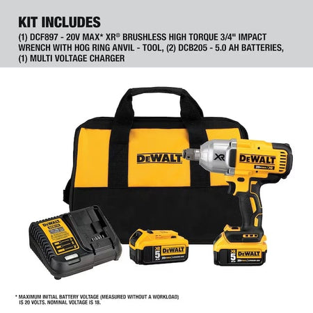 DeWalt impact wrench kit including DCF897 tool, two 5.0Ah batteries, multi-voltage charger, and branded carrying bag, arranged on a gray background.