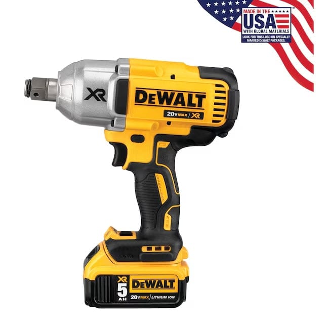 DeWalt 20V MAX XR cordless impact wrench with 5.0Ah battery attached, shown with “Made in the USA with Global Materials” label and American flag graphic