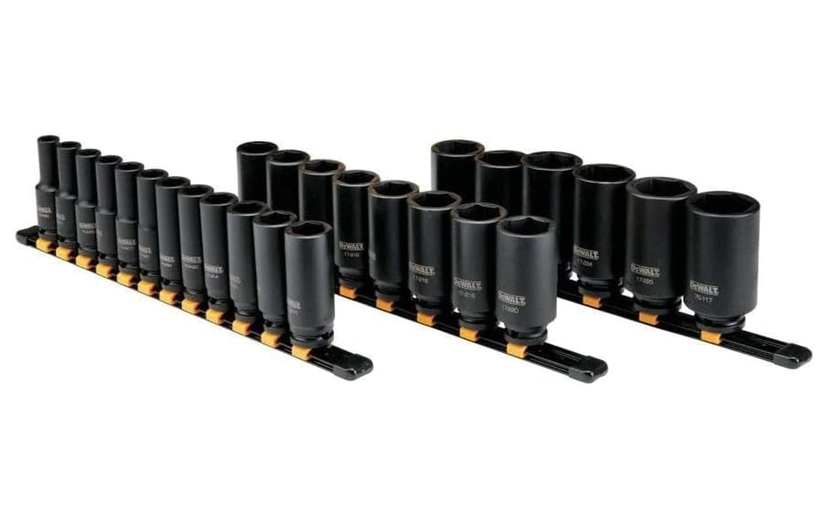 Organized set of deep impact sockets on two rails, labeled with sizes and designed for use with impact wrenches in automotive or heavy machinery applications.