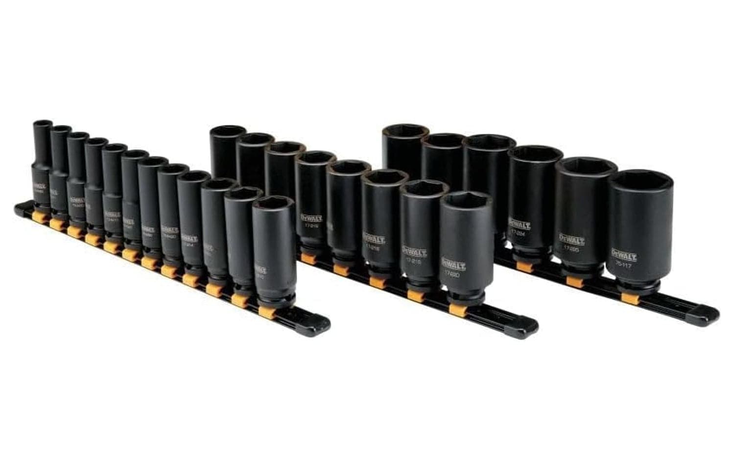 Organized set of deep impact sockets on two rails, labeled with sizes and designed for use with impact wrenches in automotive or heavy machinery applications.