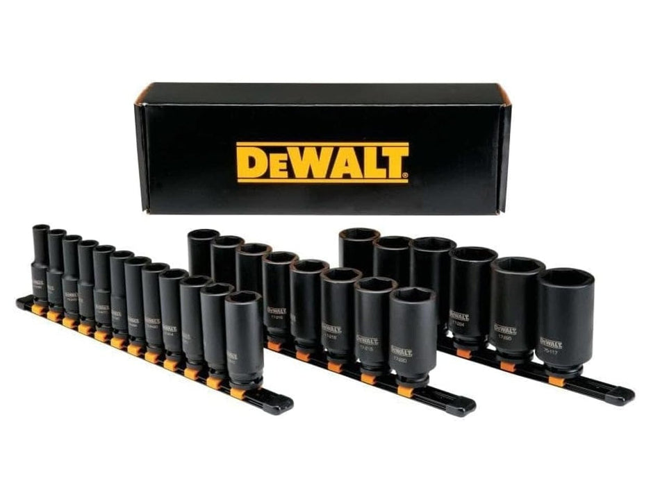 DeWalt deep impact socket set arranged on two socket rails with metric and SAE sizes, black oxide finish, and laser-etched markings, displayed in front of branded DeWalt storage box.