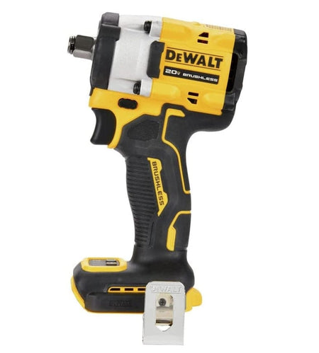 DeWalt 20V brushless impact driver with compact design, belt clip, and ergonomic grip, labeled for high-efficiency screw and bolt driving applications
