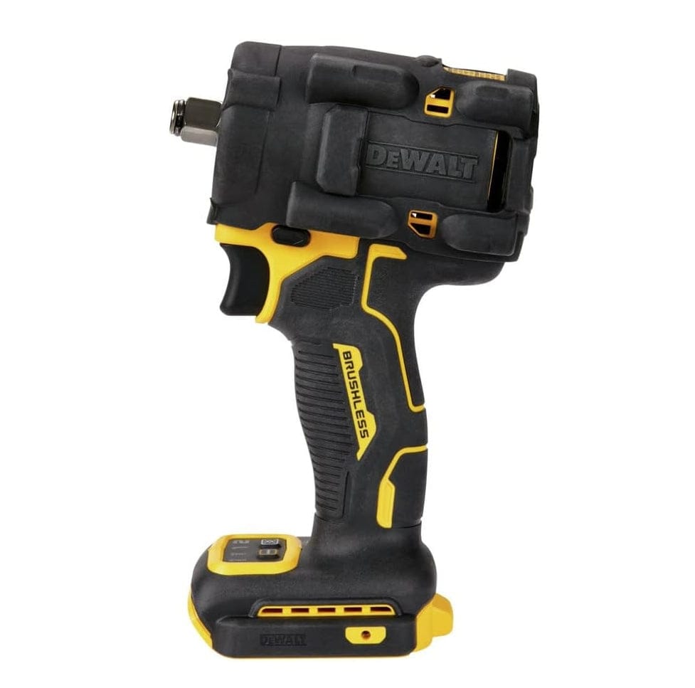 Close-up of DeWalt brushless impact wrench with ergonomic grip, trigger switch, and metal anvil, designed for high-torque mechanical and construction tasks.