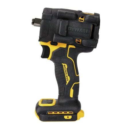 Close-up of DeWalt brushless impact wrench with ergonomic grip, trigger switch, and metal anvil, designed for high-torque mechanical and construction tasks.
