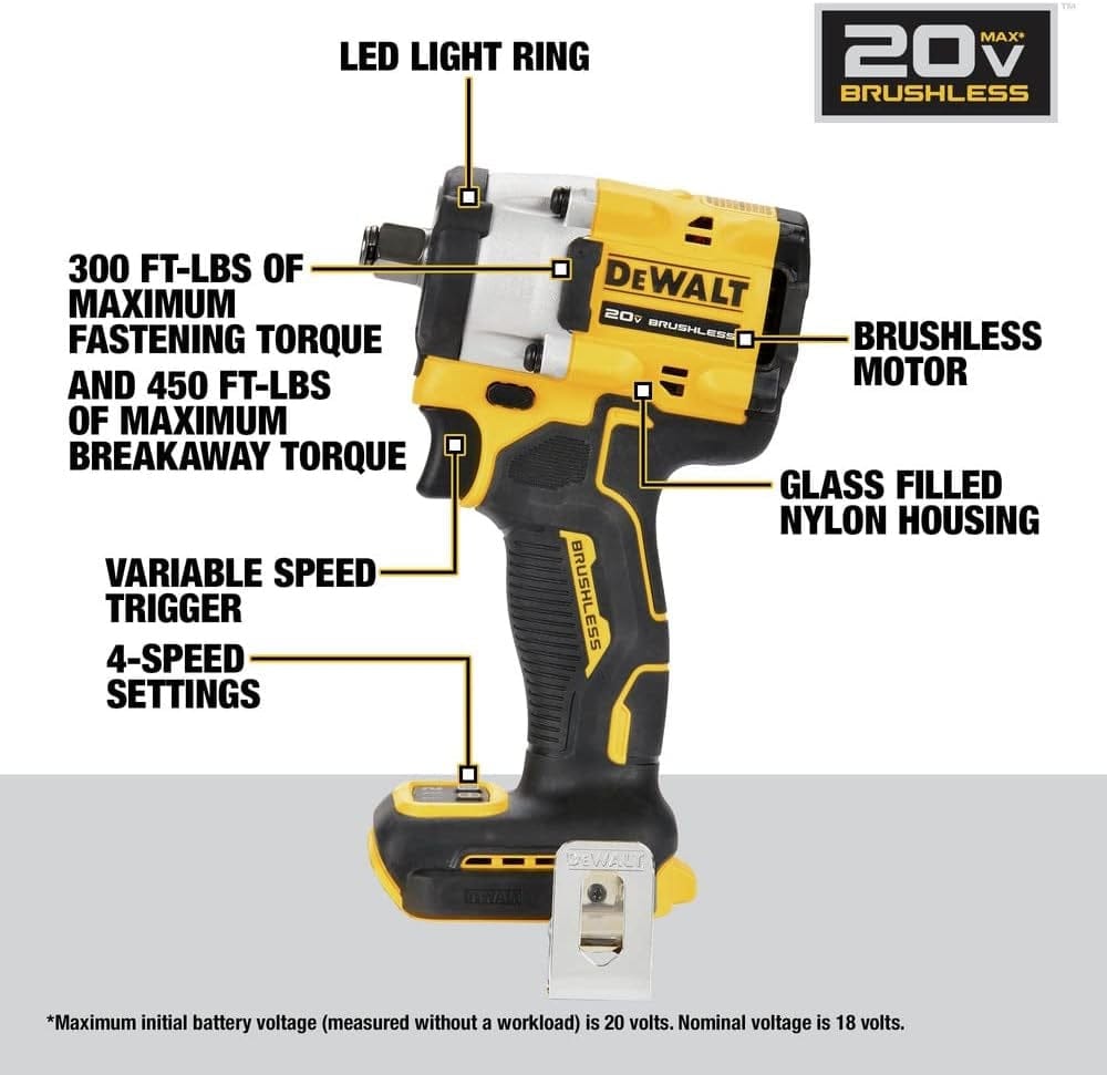 Labeled diagram of DeWalt 20V MAX brushless impact wrench showing LED light ring, brushless motor, torque ratings, nylon housing, and 4-speed settings.