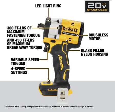 Labeled diagram of DeWalt 20V MAX brushless impact wrench showing LED light ring, brushless motor, torque ratings, nylon housing, and 4-speed settings.