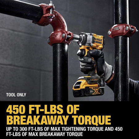 Person using DeWalt 20V MAX impact wrench to tighten a large pipe fitting, emphasizing 450 ft-lbs breakaway torque and 300 ft-lbs fastening torque.
