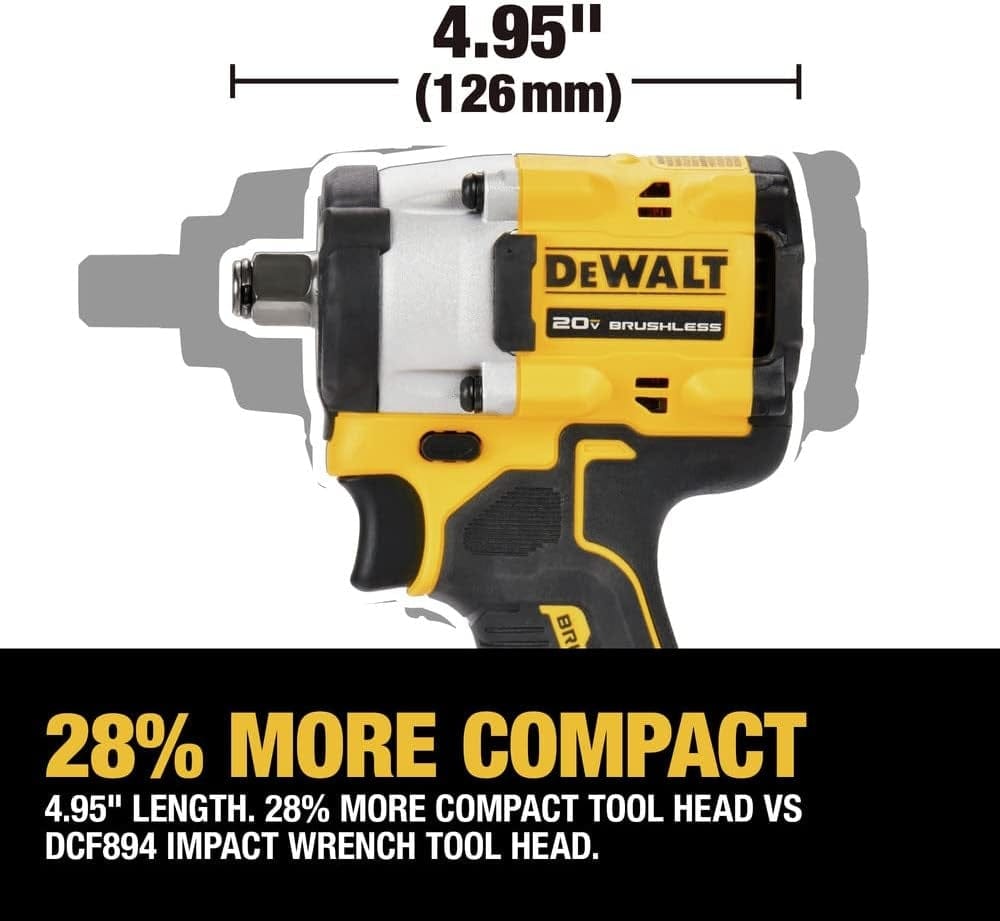 DeWalt 20V brushless impact wrench with compact 4.95-inch tool head, shown with comparison outline indicating 28% smaller size than DCF894 model