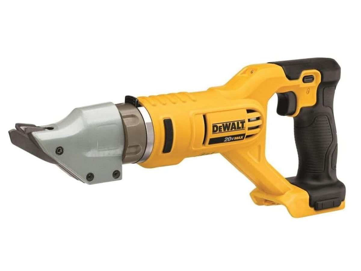 DEWALT cordless metal shear with pistol-grip handle and metal cutting head, designed for efficient sheet metal cutting in construction and fabrication tasks