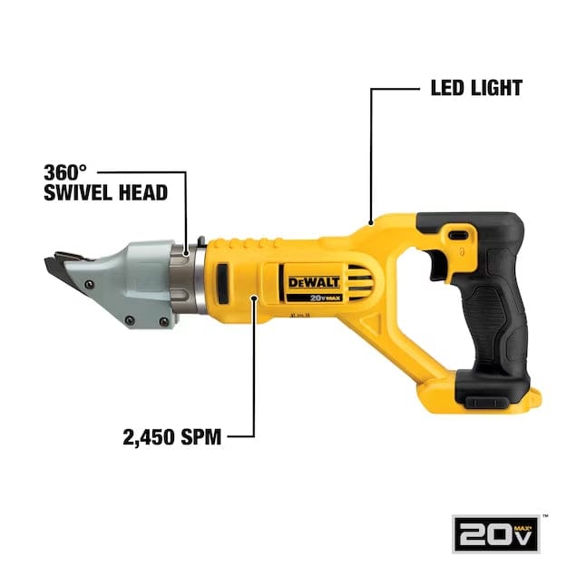 Annotated image of DEWALT metal shear showing LED light, 360° swivel head, and 2,450 SPM cutting speed, designed for precision and visibility.