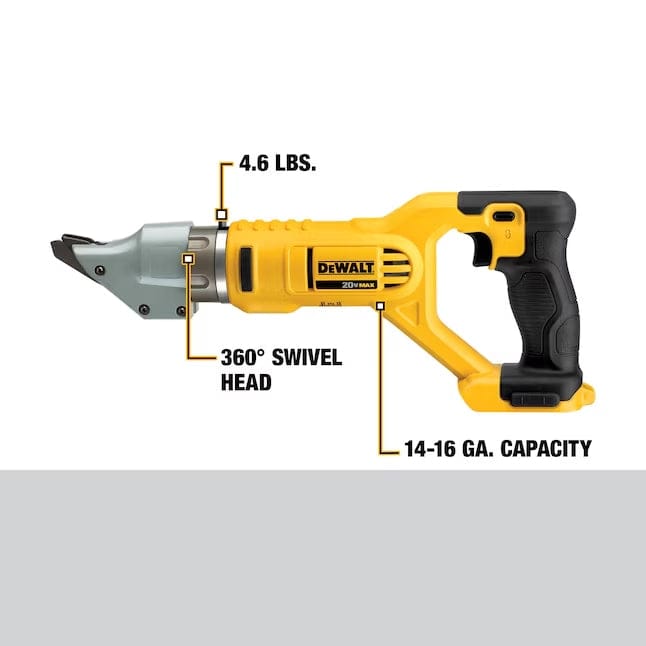 Labeled image of DEWALT metal shear highlighting 4.6 lb weight, 360° swivel head, and 14–16 gauge cutting capacity for sheet metal applications.
