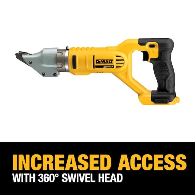 DEWALT metal shear tool with text “INCREASED ACCESS WITH 360° SWIVEL HEAD,” showcasing ergonomic design for maneuverability in tight spaces.