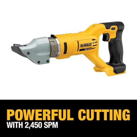 Close-up of DEWALT metal shear tool with text reading “POWERFUL CUTTING WITH 2,450 SPM,” emphasizing cutting speed and performance.