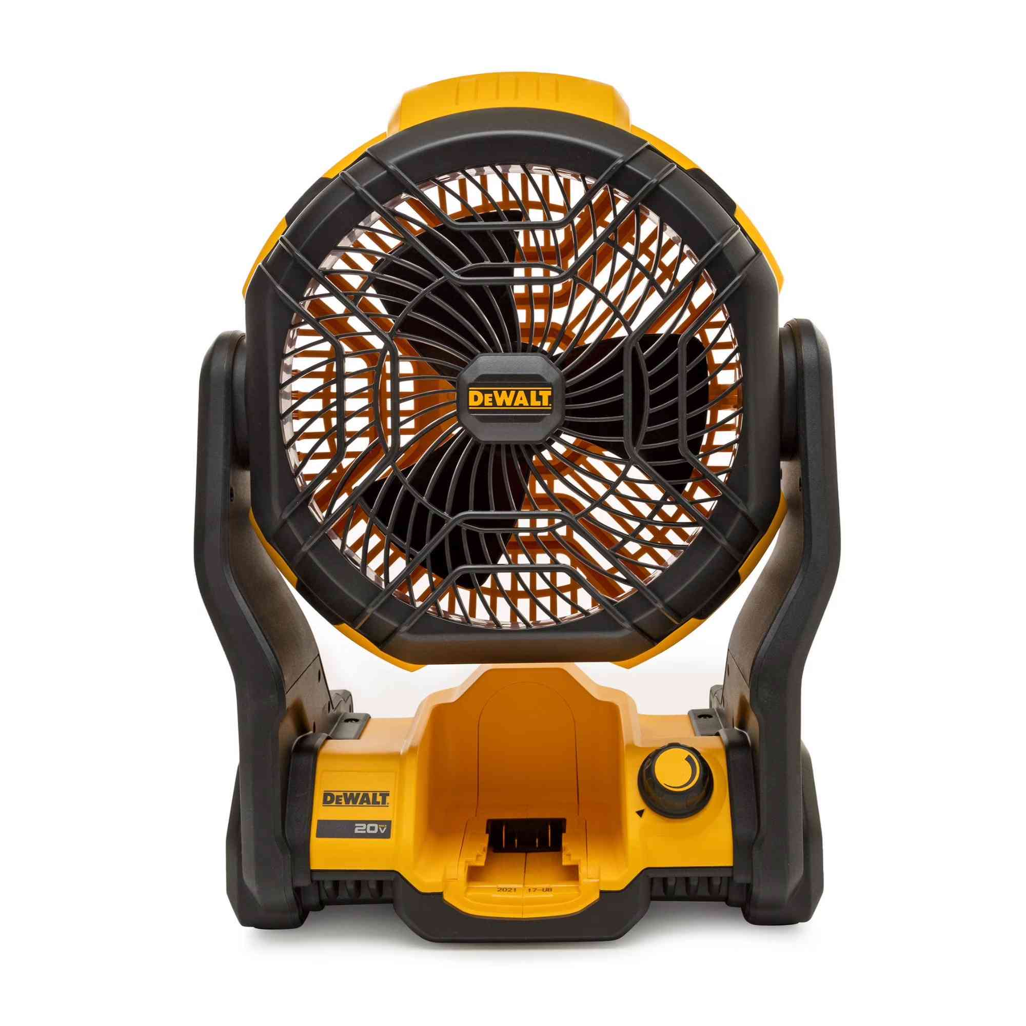 DeWalt 20V MAX jobsite fan featuring circular fan head with protective grille, adjustable tilt arms, and control knob on the base for variable speed airflow