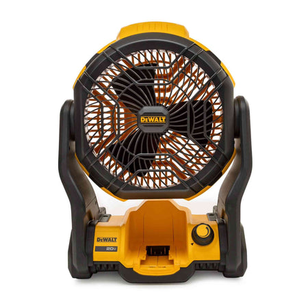 DeWalt 20V MAX jobsite fan featuring circular fan head with protective grille, adjustable tilt arms, and control knob on the base for variable speed airflow