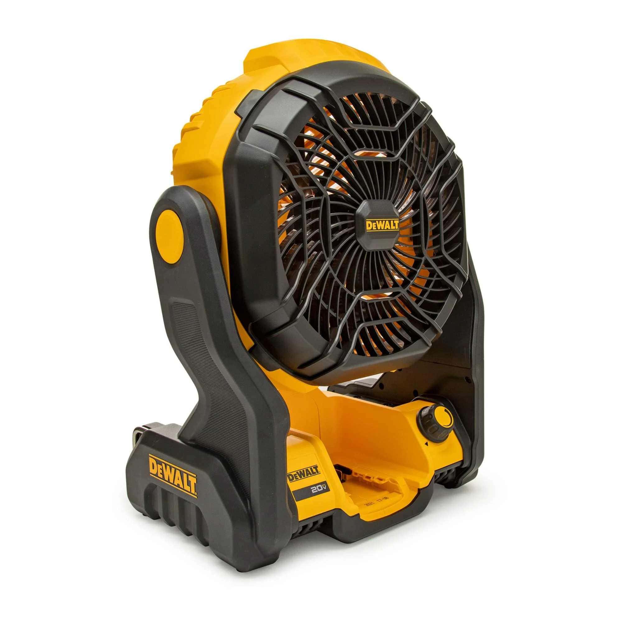DeWalt cordless jobsite fan with large front grille, carry handle, and base-mounted battery compartment, built for portable cooling in workspaces without direct power.