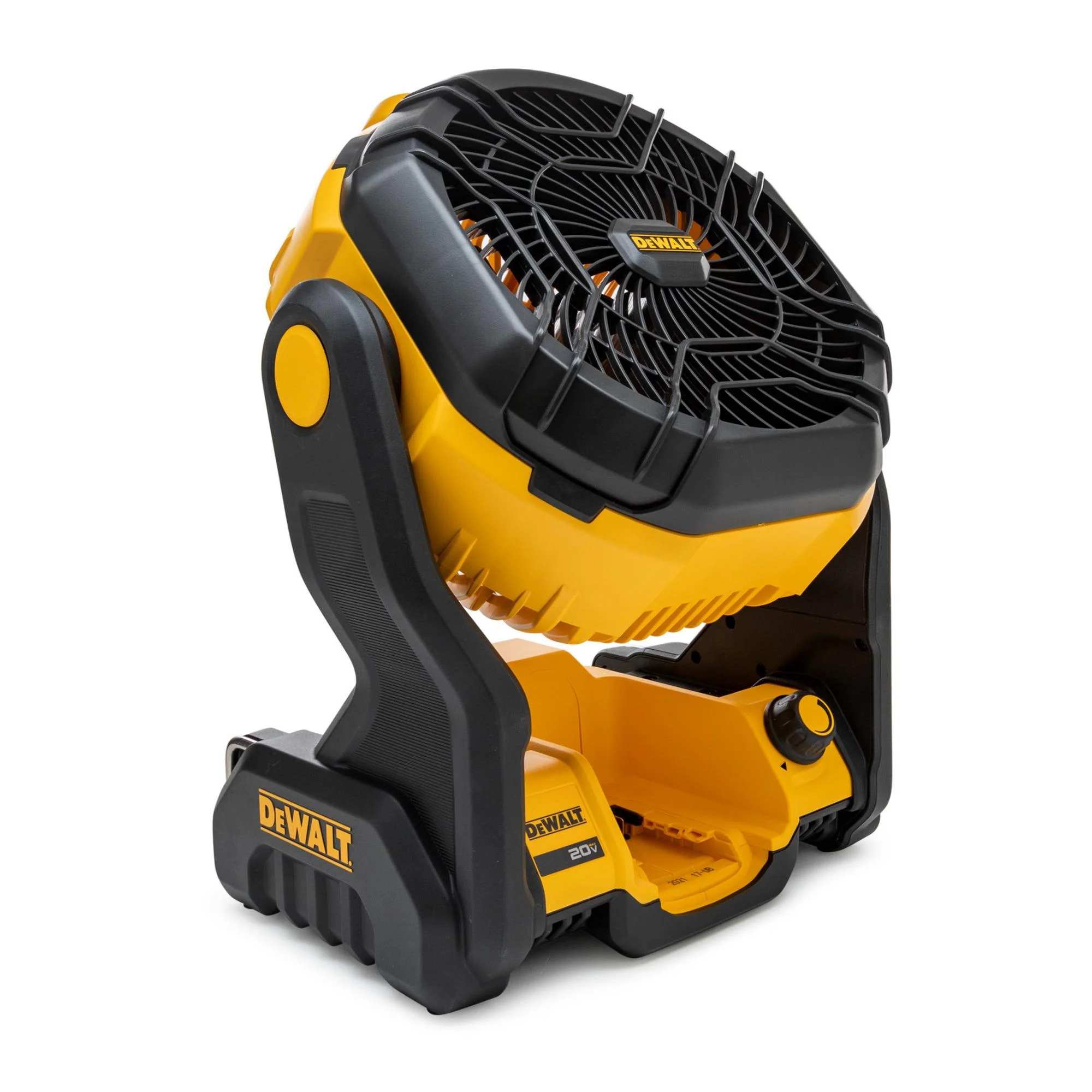Angled view of a DeWalt 20V MAX jobsite fan with adjustable tilt head, control knob, and battery slot, designed for rugged cooling in construction environments.