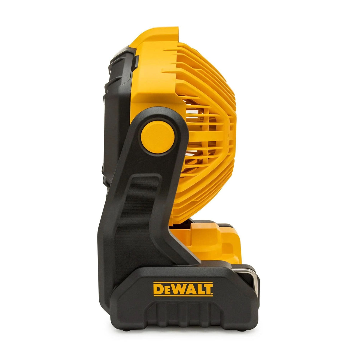 Side profile of a DeWalt portable jobsite fan showing yellow and black casing, protective blade grille, and battery compartment at the base for cordless operation.