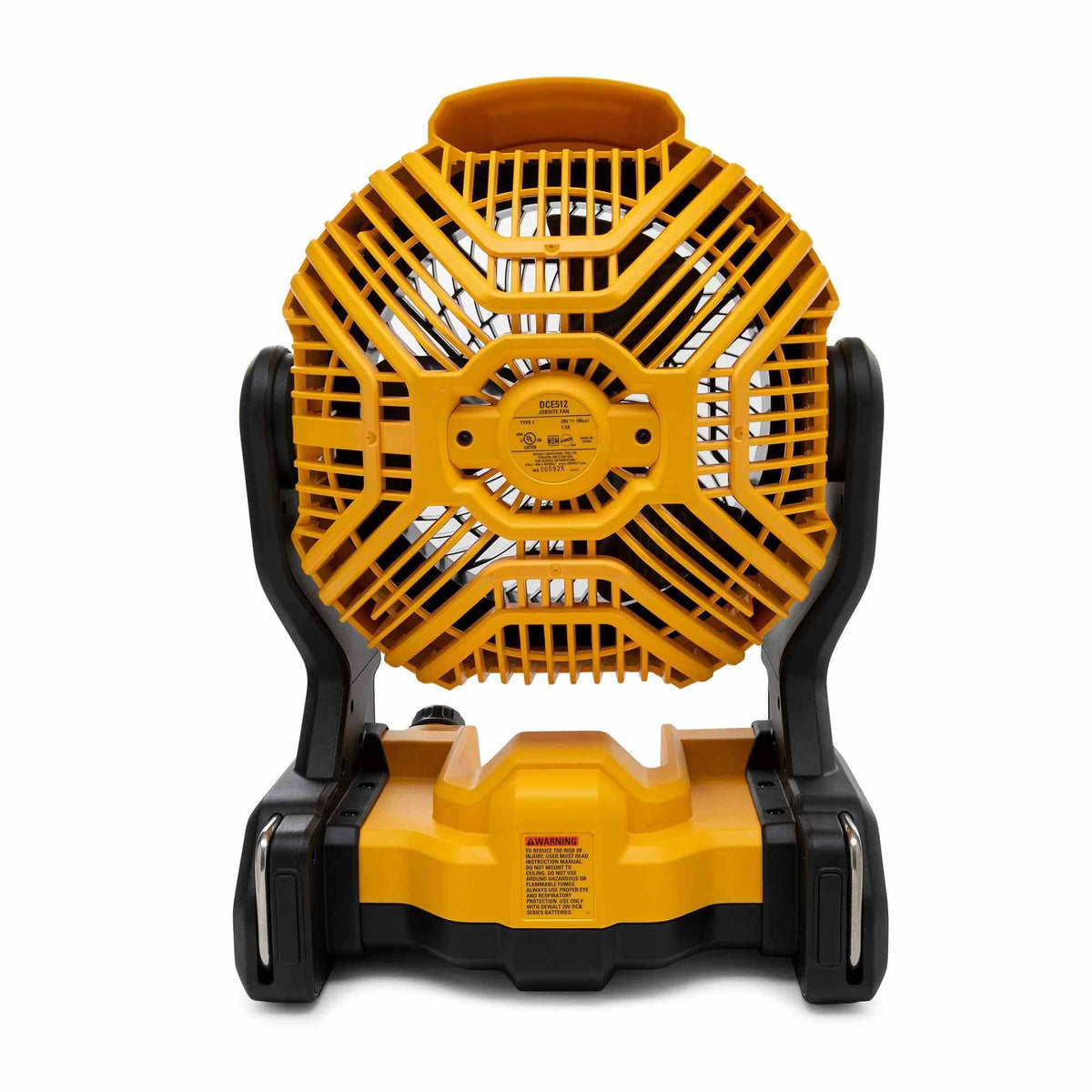 DeWalt 20V MAX jobsite fan featuring circular fan head with protective grille, adjustable tilt arms, and control knob on the base for variable speed airflow