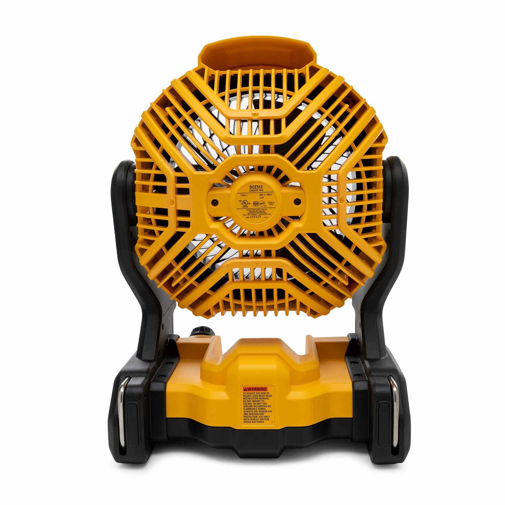 DeWalt 20V MAX jobsite fan featuring circular fan head with protective grille, adjustable tilt arms, and control knob on the base for variable speed airflow