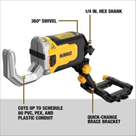 DEWALT pipe cutter attachment with labeled features including 1/4 IN. hex shank, 360° swivel, and quick-change brace bracket for cutting schedule 80 PVC, PEX, and conduit.