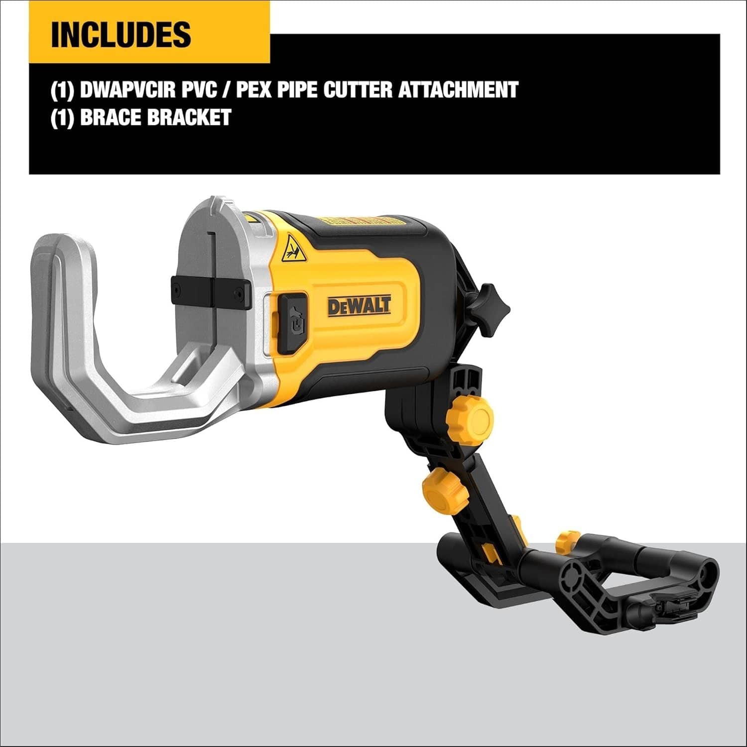 DEWALT DWAPVCIR PVC/PEX Pipe Cutter Attachment with brace bracket, showing labeled components and yellow-black branding.