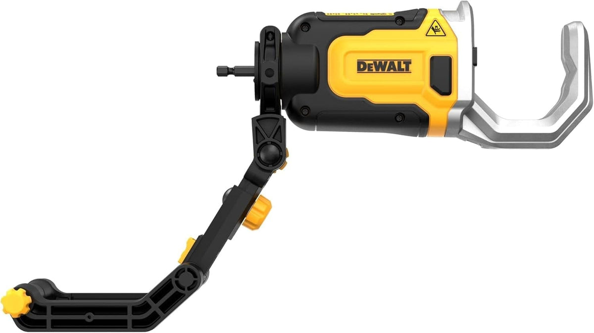 DEWALT laser level mount with clamp and adjustable arm, used for precise positioning in construction or alignment tasks