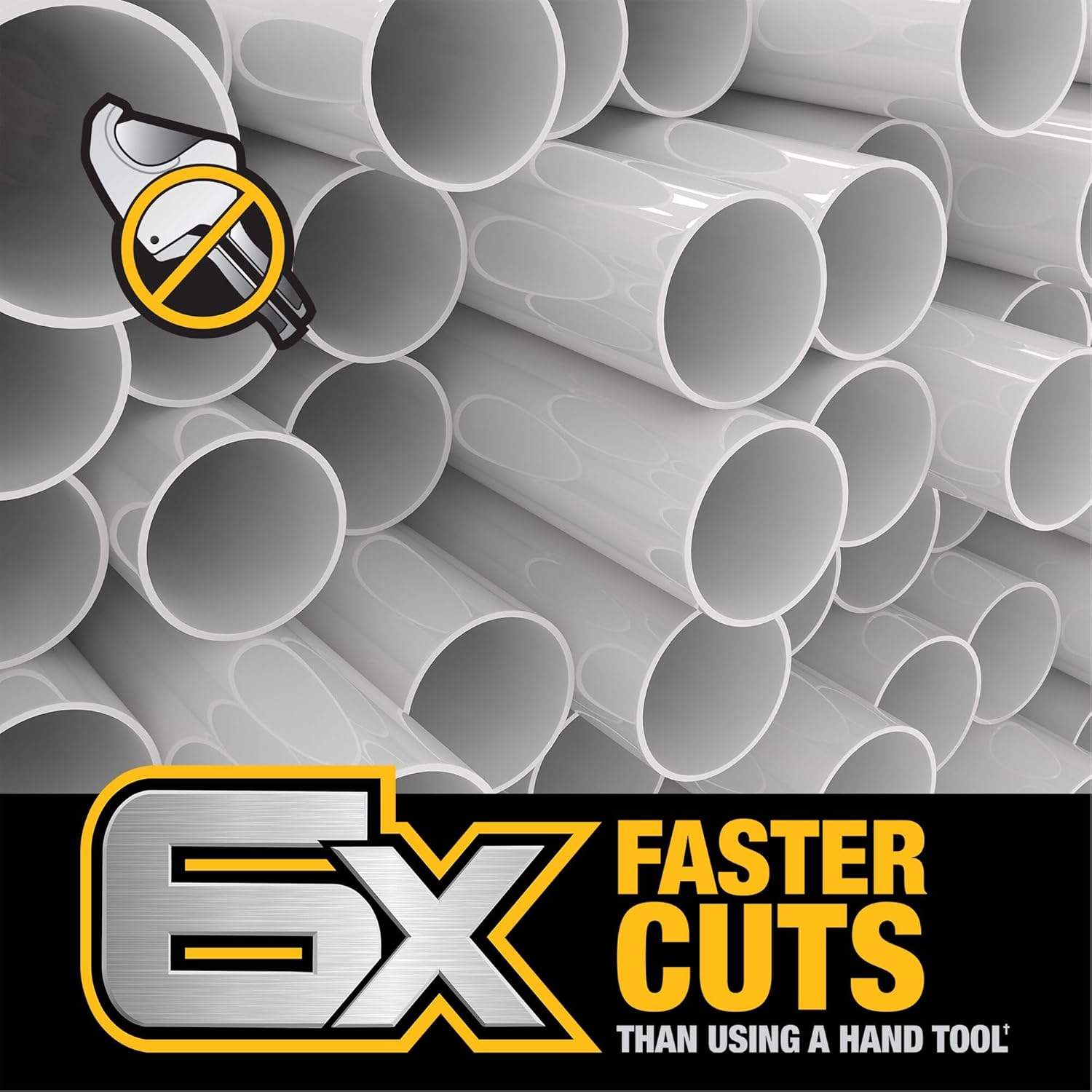 Promotional image showing stacked PVC pipes with a hand tool crossed out and bold text reading “6X FASTER CUTS THAN USING A HAND TOOL”.