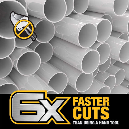 Promotional image showing stacked PVC pipes with a hand tool crossed out and bold text reading “6X FASTER CUTS THAN USING A HAND TOOL”.