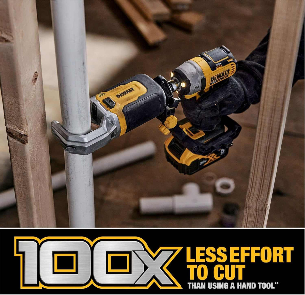 Gloved hand using a DEWALT reciprocating saw attachment to cut a metal pipe in a construction setting, with text highlighting “100x LESS EFFORT TO CUT THAN USING A HAND TOOL*”.

