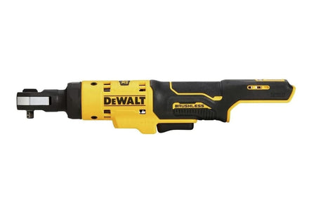DEWALT brushless cordless ratchet tool with compact design, rubberized grip, and socket-ready head, suitable for mechanical and automotive applications.