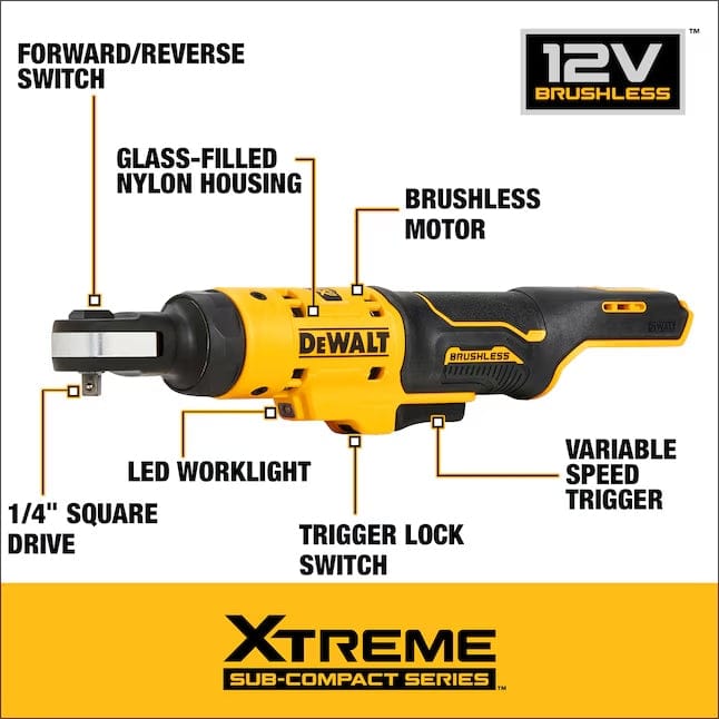 Labeled diagram of DEWALT 12V brushless ratchet tool showing key features including forward/reverse switch, LED light, trigger lock, and ergonomic grip.