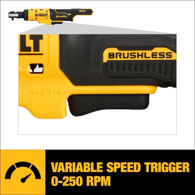 DEWALT brushless ratchet tool with labeled variable speed trigger and speed control switch, highlighting 0–250 RPM capability.