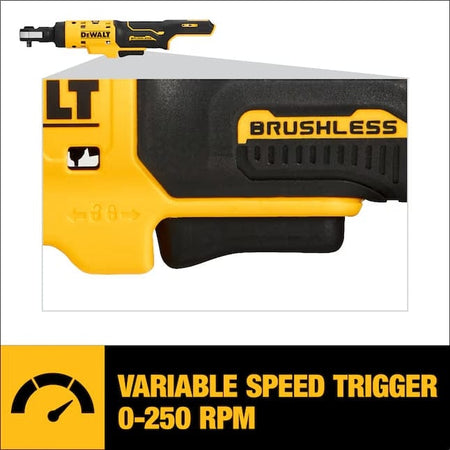 DEWALT brushless ratchet tool with labeled variable speed trigger and speed control switch, highlighting 0–250 RPM capability.